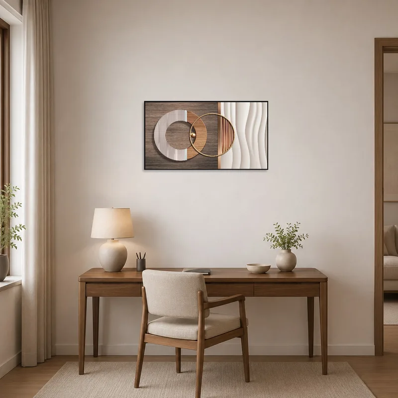 Wood and metal geometric art enhances the ambiance in the home office.