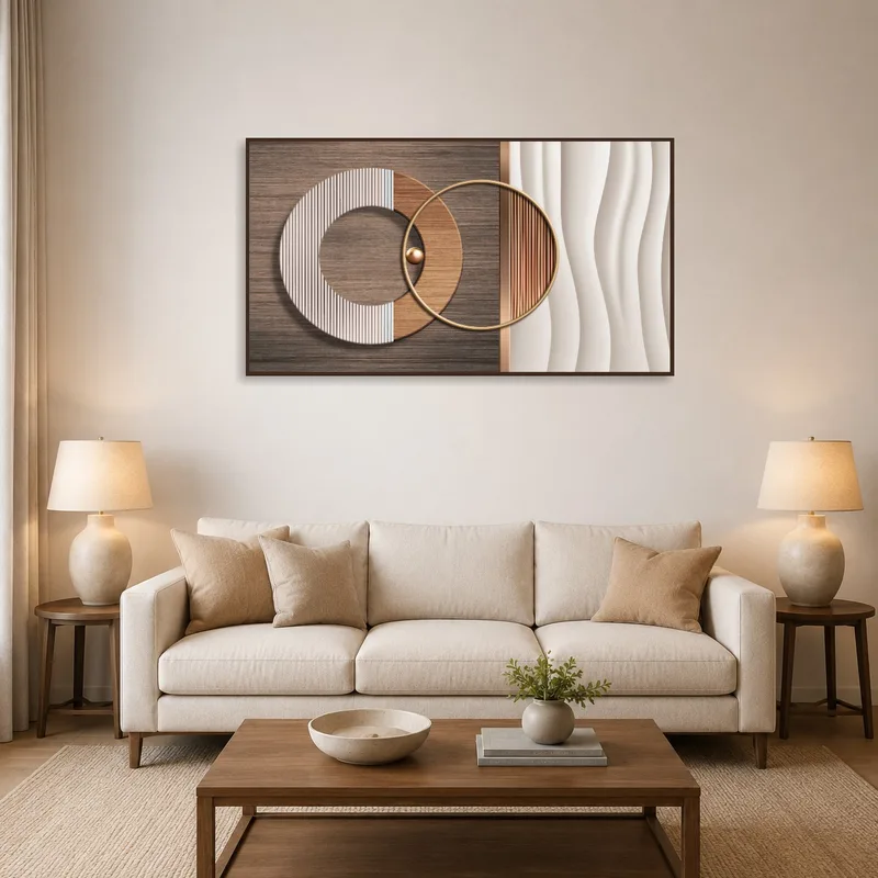 Art piece with geometric shapes hangs above a modern sofa in the living room.
