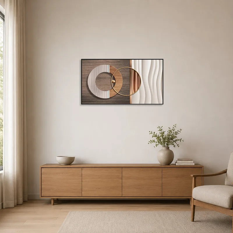 Sleek geometric wood and metal art complementing a minimalist decor.