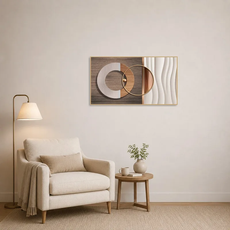 Geometric artwork providing visual interest to a cozy reading corner.