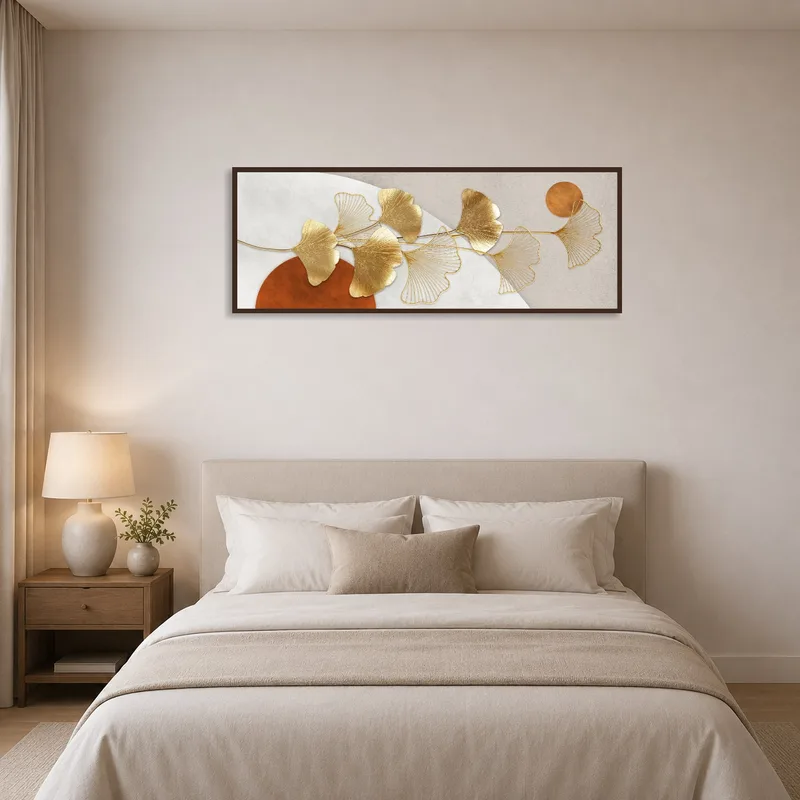 Ginkgo panoramic print enhancing a serene bedroom with neutral tones.
