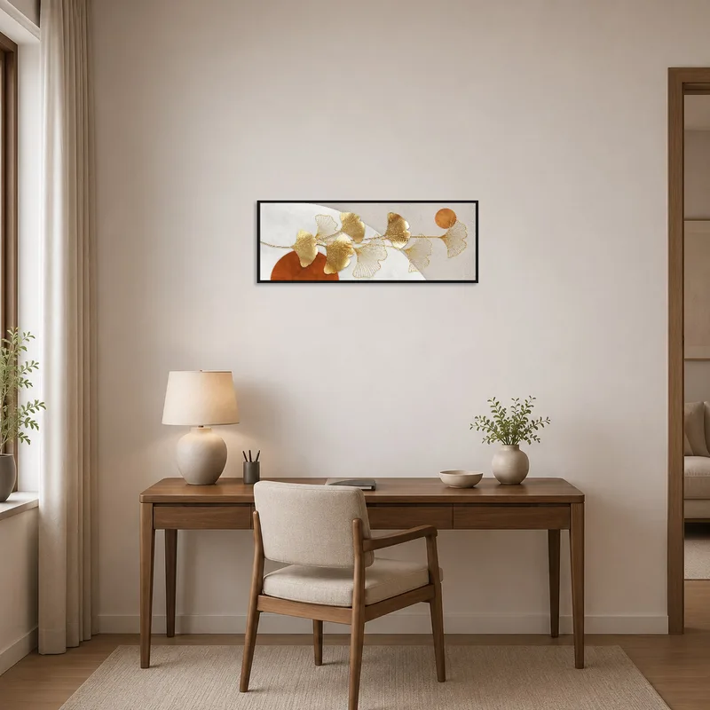 Refined Ginkgo art adorning a contemporary home office with wooden desk.