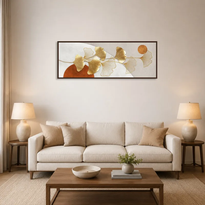 Elegant Ginkgo art print above a modern living-room sofa with warm lighting.