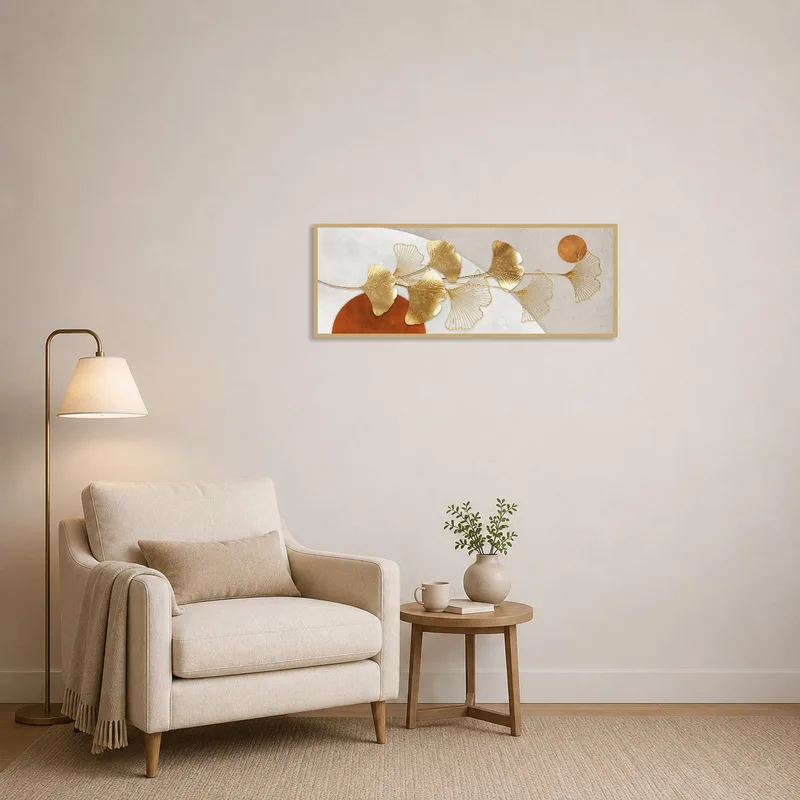 Sophisticated Ginkgo print in a cozy reading corner with a plush chair.