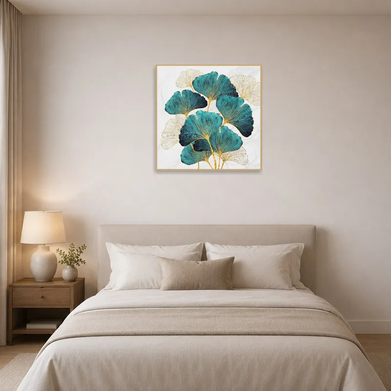 Bedroom decor featuring a ginkgo leaf pattern on a marble background.