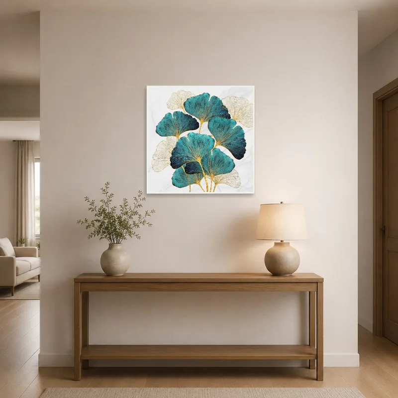 Elegant ginkgo leaf art welcomes you in a chic entrance hall.