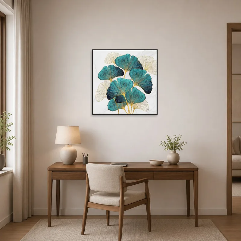 Home office enriched by an elegant ginkgo leaf art with marble base.
