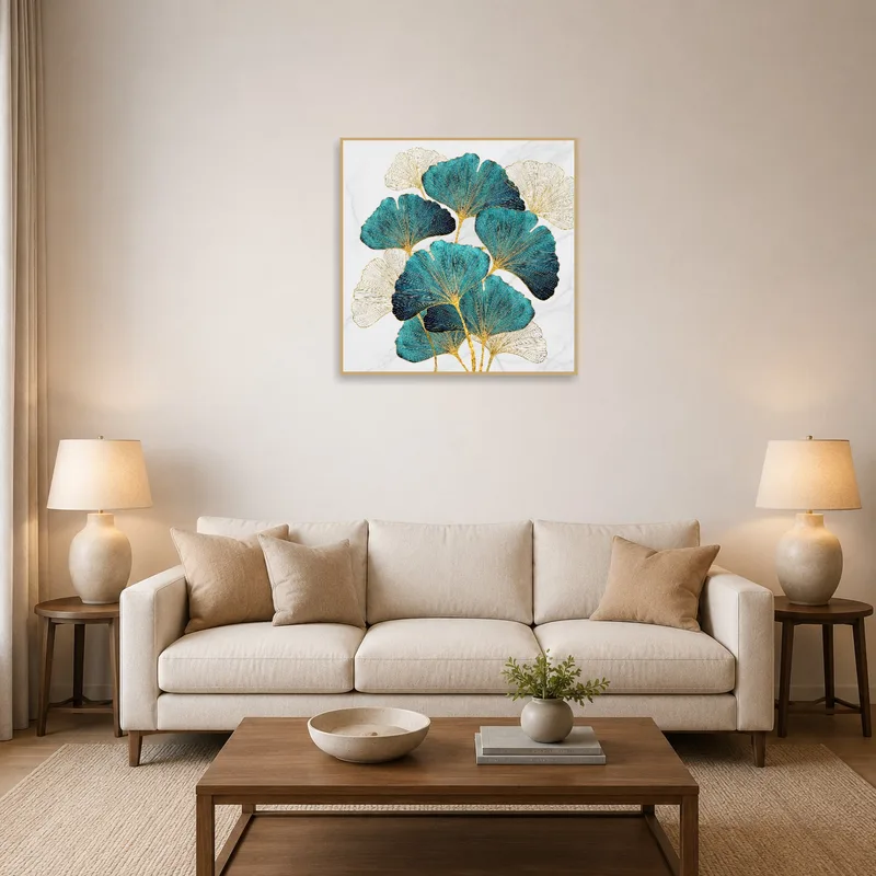 Ginkgo leaf artwork against a marble backdrop in a stylish living room.