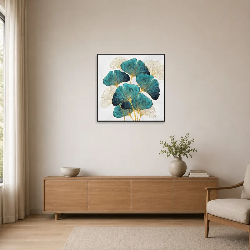 Minimalist space showcasing ginkgo leaves with a marble background.