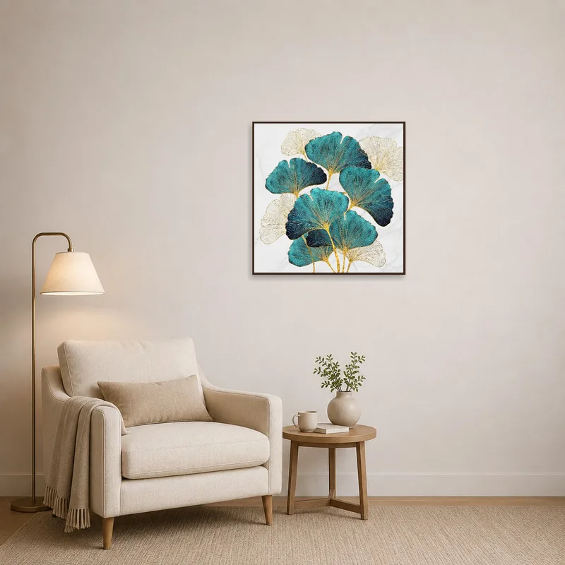 Cozy reading corner accented by a ginkgo leaf design on marble.