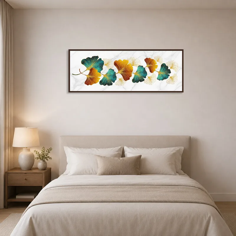 Ginkgo leaf print enhancing the calm ambiance of a serene bedroom.