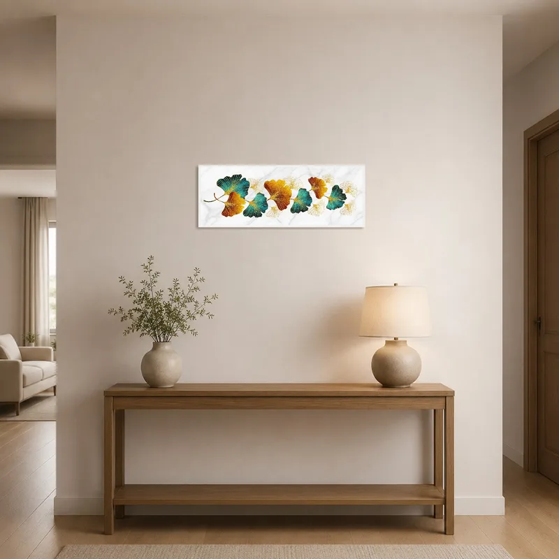 Ginkgo leaf print welcoming guests in a well-lit entrance hall.