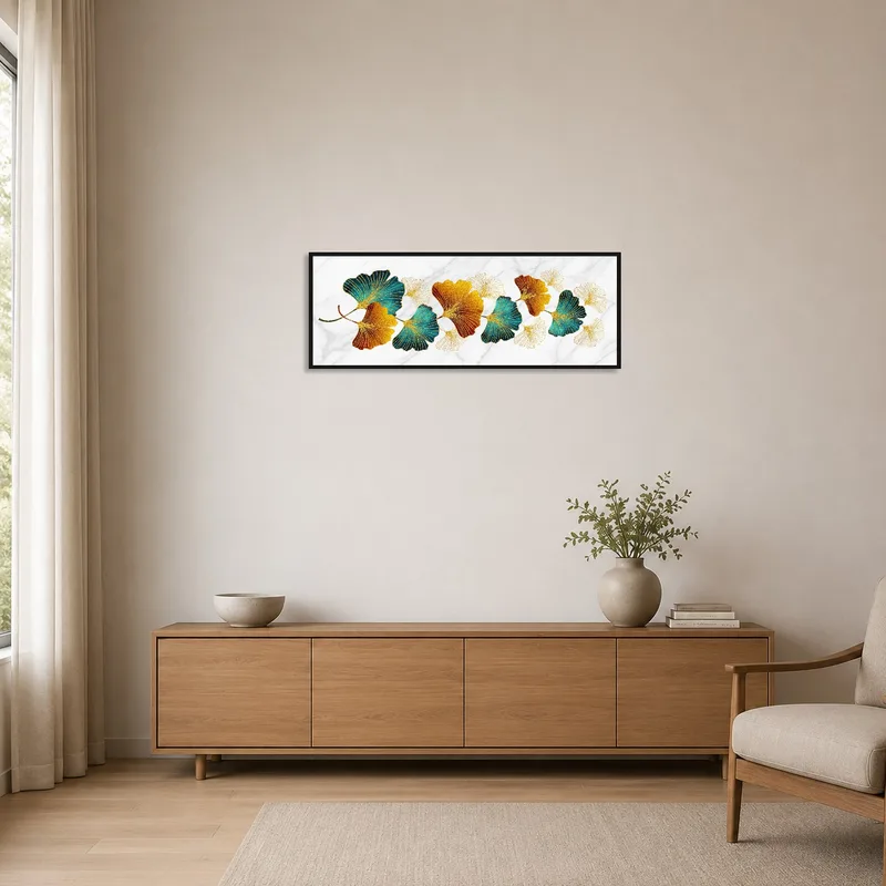 Ginkgo leaf artwork in a minimalist room with clean lines and neutral tones.