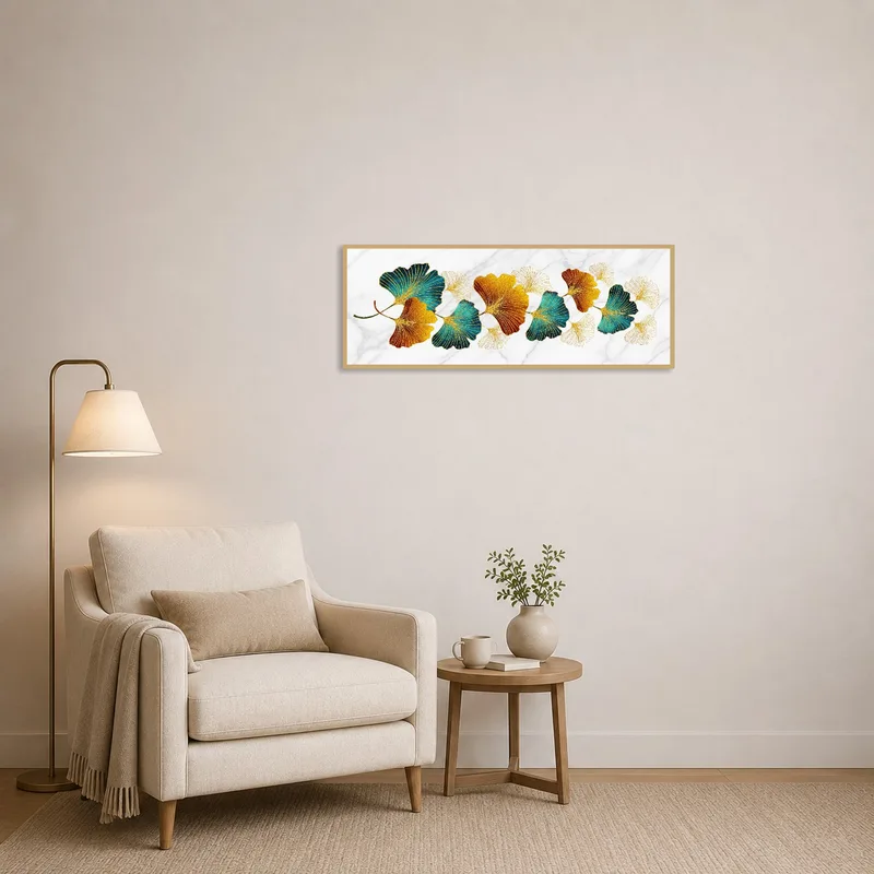 Ginkgo leaf print adding elegance to a cozy reading corner.