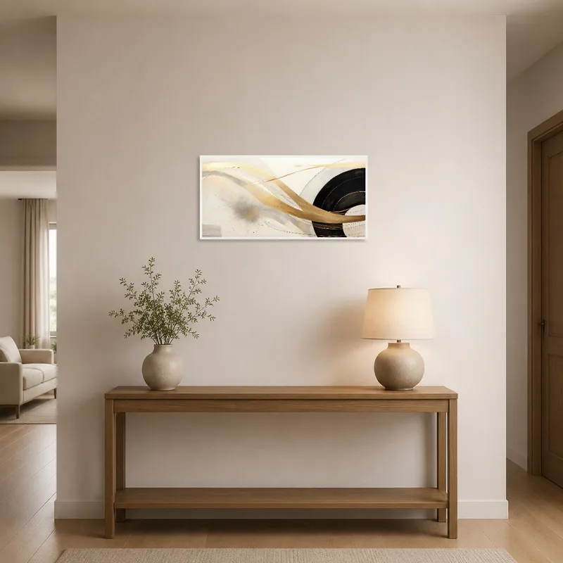 Panoramic gold and black art creating a sophisticated entrance hall.