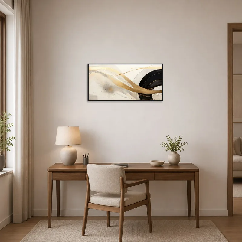 Abstract art adding a touch of elegance to a home office wall.