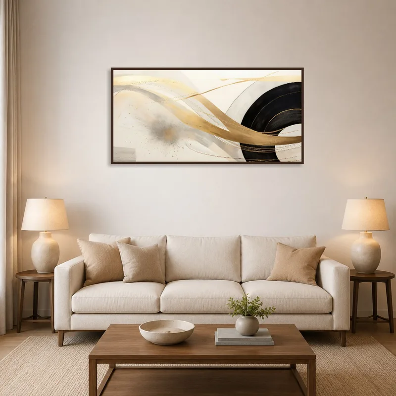 Gold and black abstract art above a modern sofa in a stylish living room.