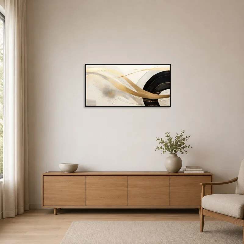 Abstract art in a minimalist room with neutral tones and clean lines.