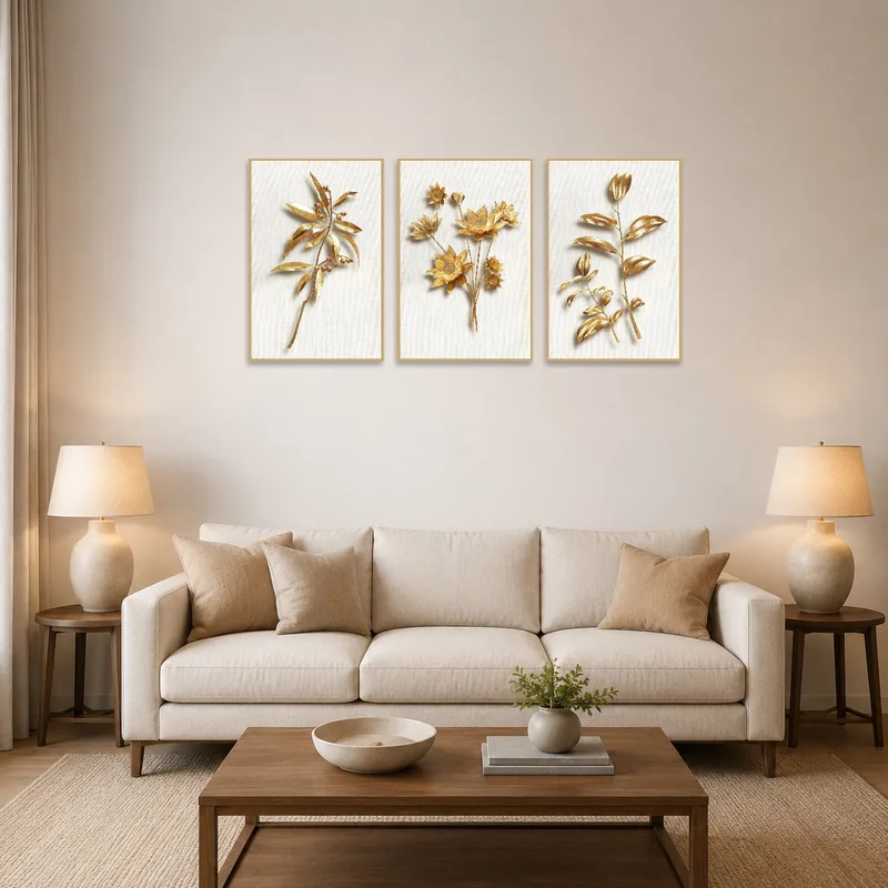 The botanical triptych set adds a touch of elegance to a stylish living room wall.