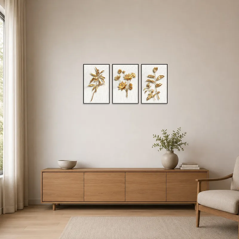 Gold botanical set complements the clean lines of a minimalist room.