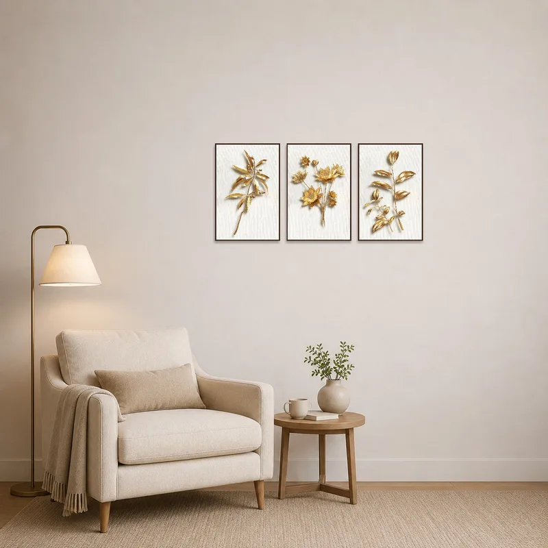 Gold accents in botanical art create a serene atmosphere in a cozy reading corner.