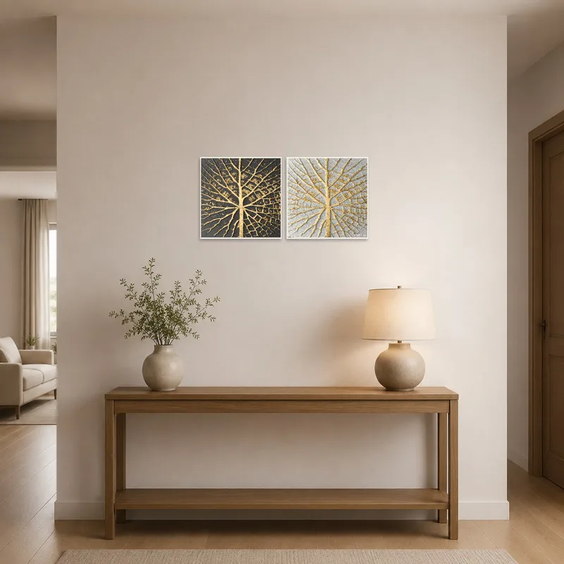 Gold leaf veins piece welcoming guests in an entrance hall.