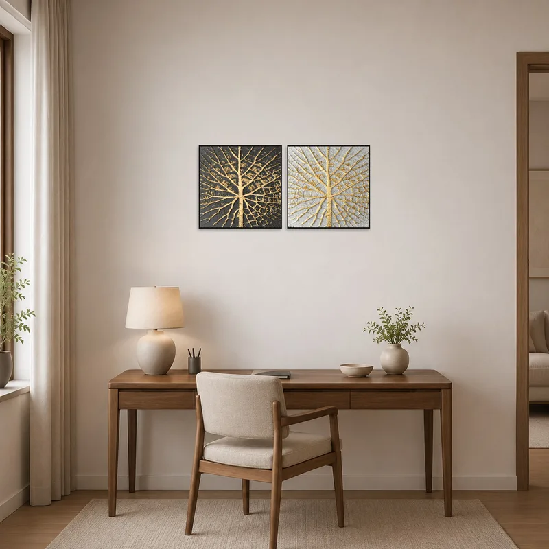 Captivating gold veins artwork inspiring creativity in a home office.