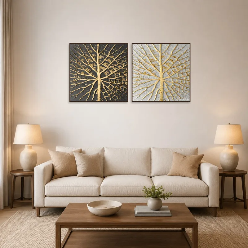 Gold leaf veins art showcased above a modern living room sofa.