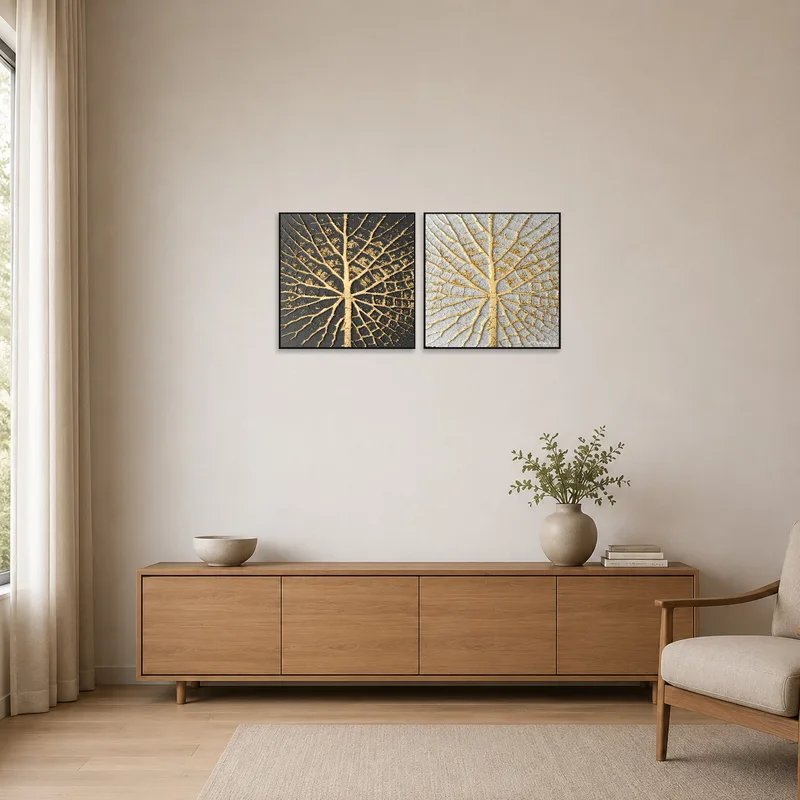 Artwork with gold veins enhancing a minimalist room's clean lines.