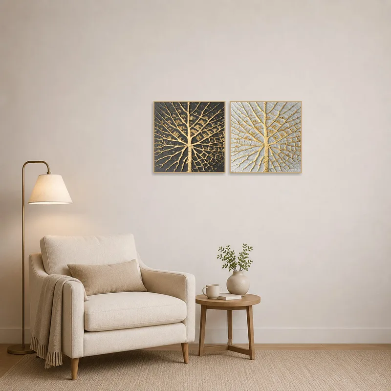 Elegant gold veins art creating a cozy atmosphere in a reading corner.