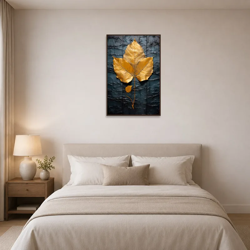 Golden leaf design enhances the serenity of a bedroom setting.