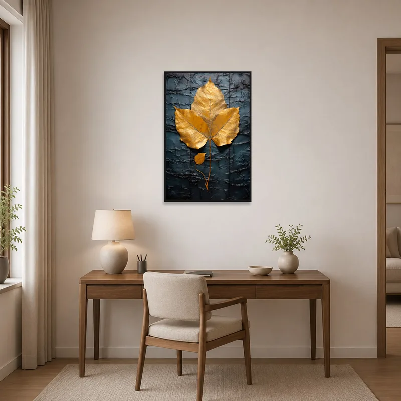 Artwork of golden leaf inspires creativity in a home office space.