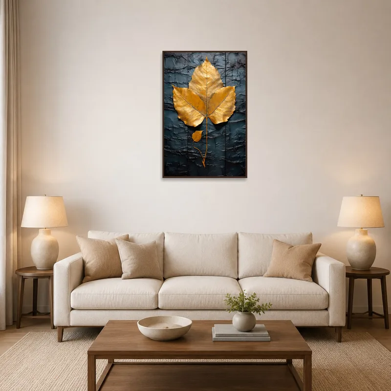 Golden leaf artwork adorns a living room wall with textured elements.