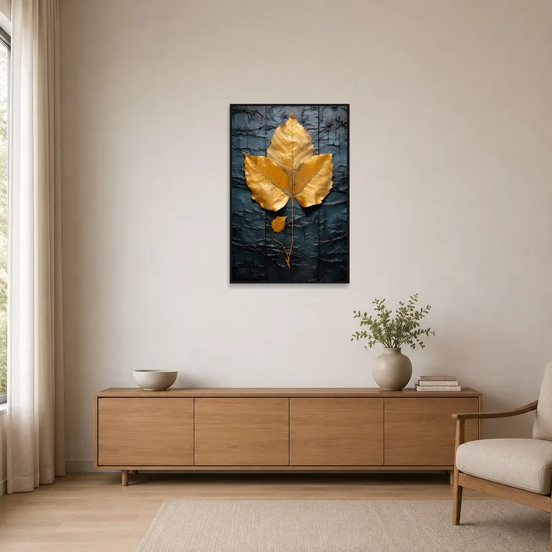 Art piece of golden leaf adds a touch of elegance to a minimalist space.