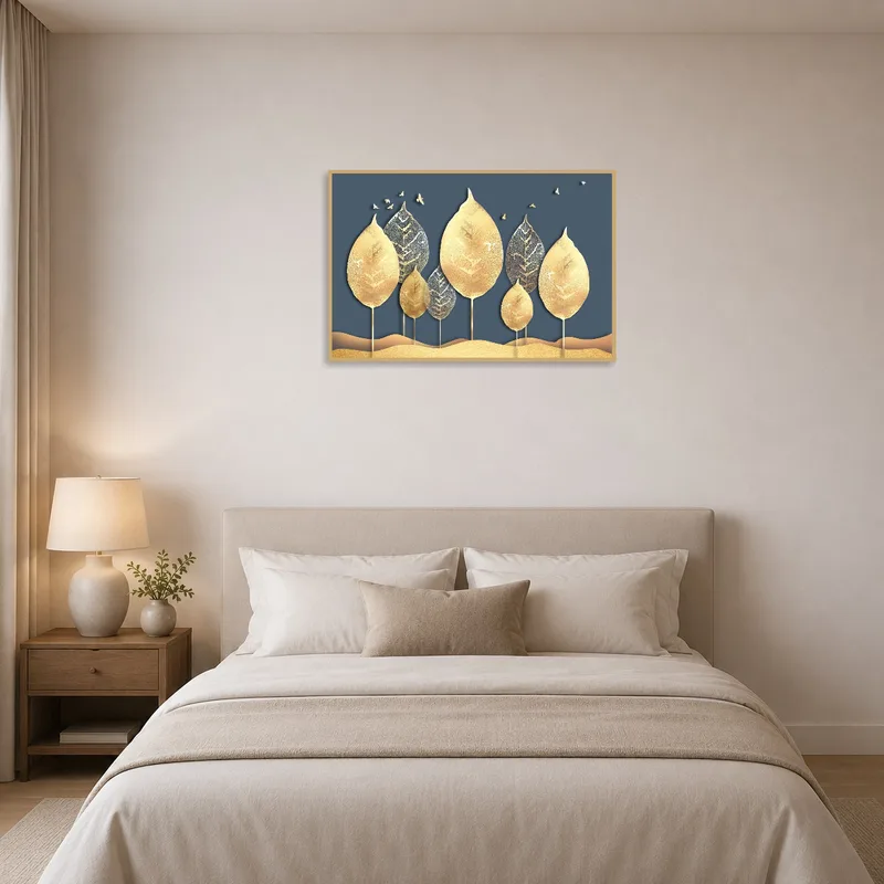 Serene bedroom with elegant golden leaf art contributing to a tranquil vibe.