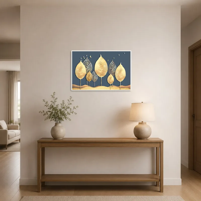 Elegant artwork of a golden leaf silhouette in a welcoming entrance hall.