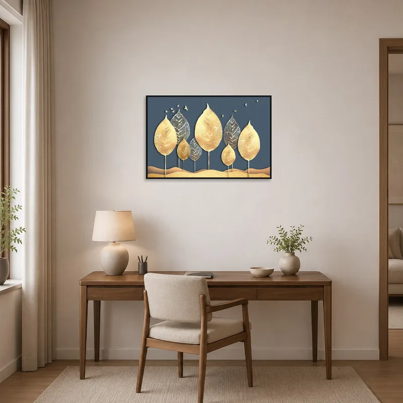 Golden leaf silhouette art adding a chic touch to a home office setup.