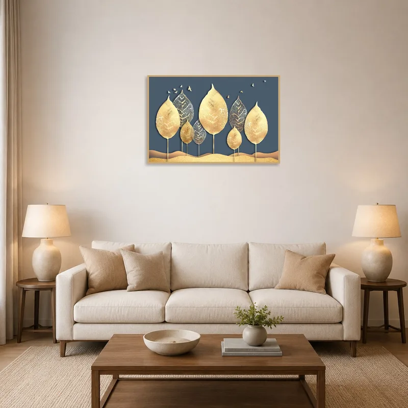 Stylish golden leaf silhouette art in a cozy living room over a modern sofa.