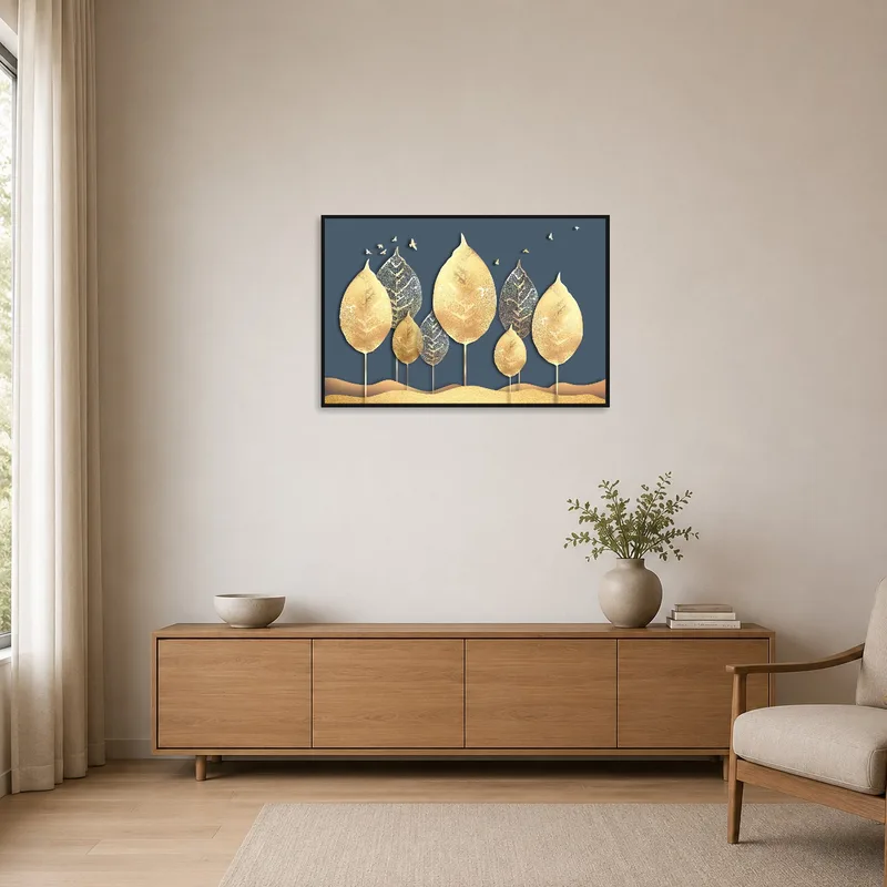 Golden leaf silhouette art enhancing a clean, minimalist space.