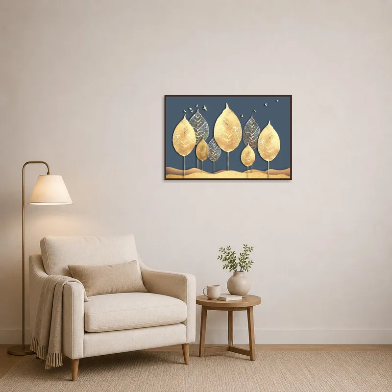 A calming golden leaf silhouette art print by a comfy reading chair.