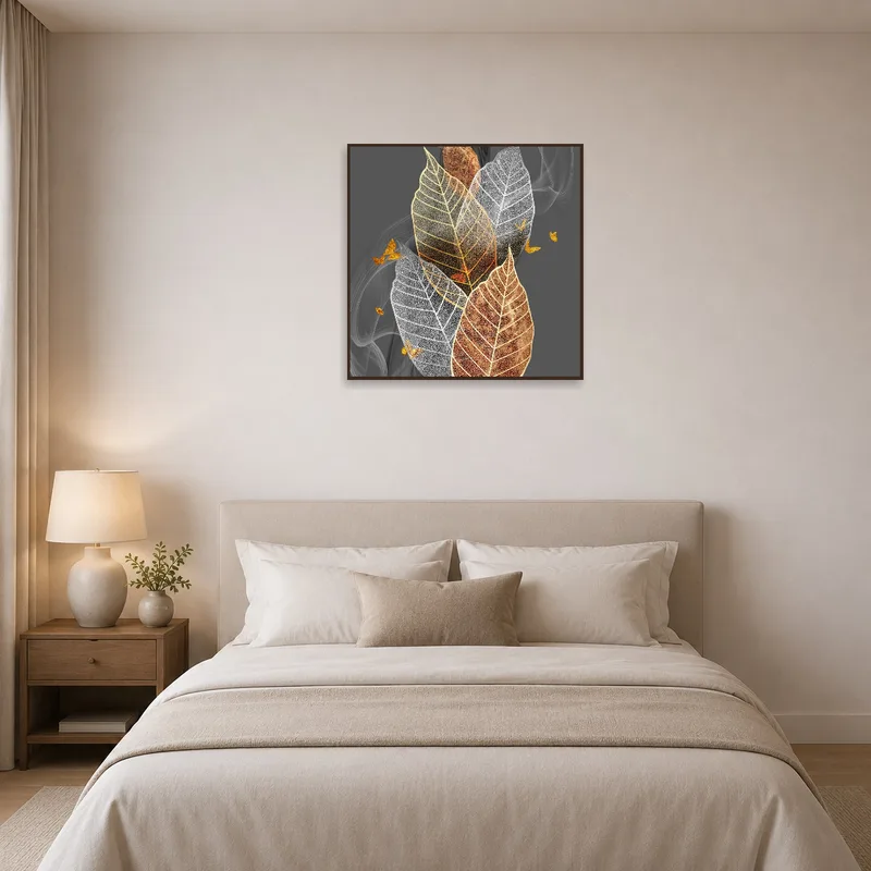 Elegant leaf artwork with gold accents in a serene bedroom.