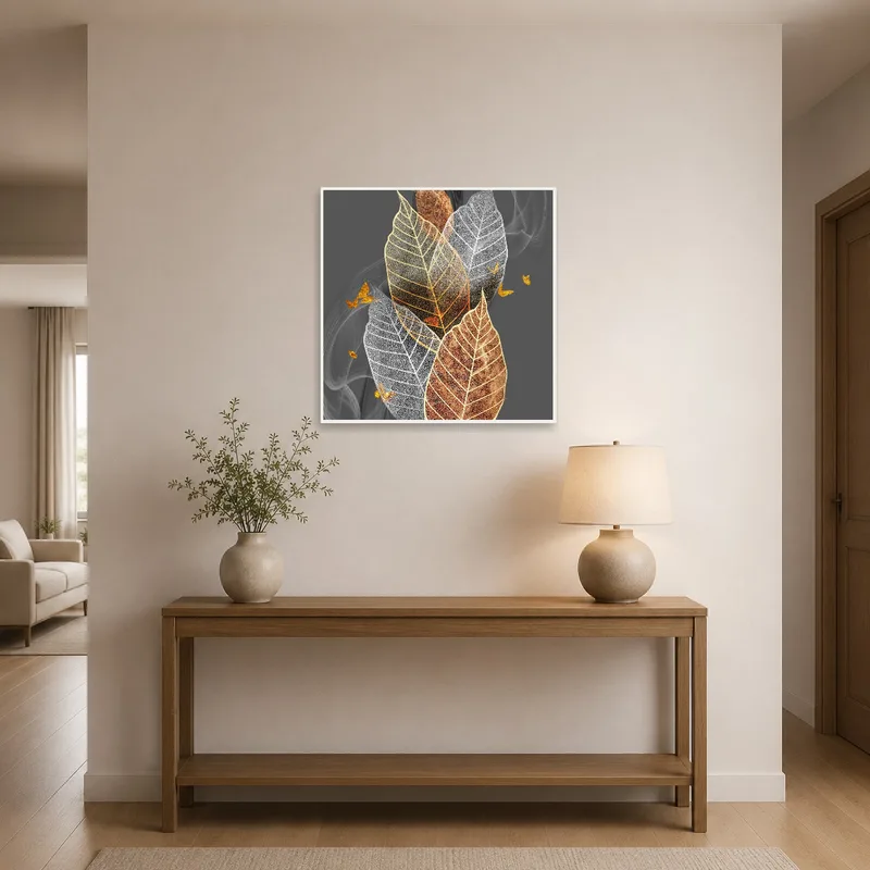 Leaf art with gold touches greeting guests in an entrance hall.