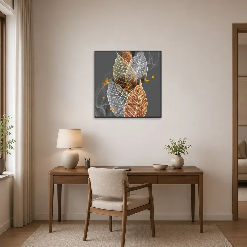 Art of golden-accented leaves inspiring a home office space.