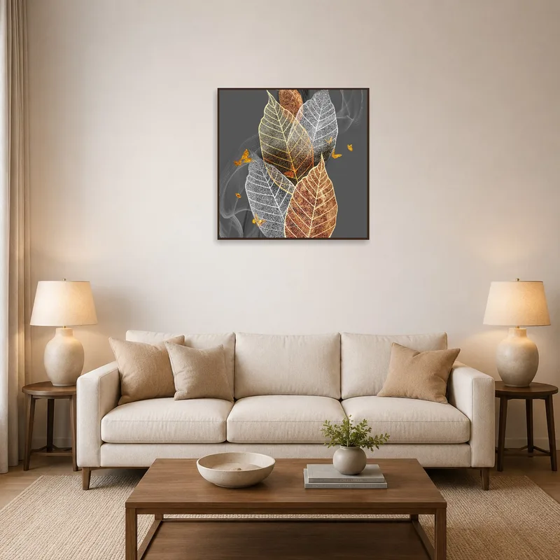Leaf composition art with gold accents above a modern sofa.