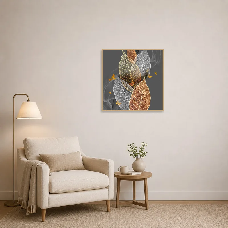 Gold-leaf composition enhancing a cozy reading corner.