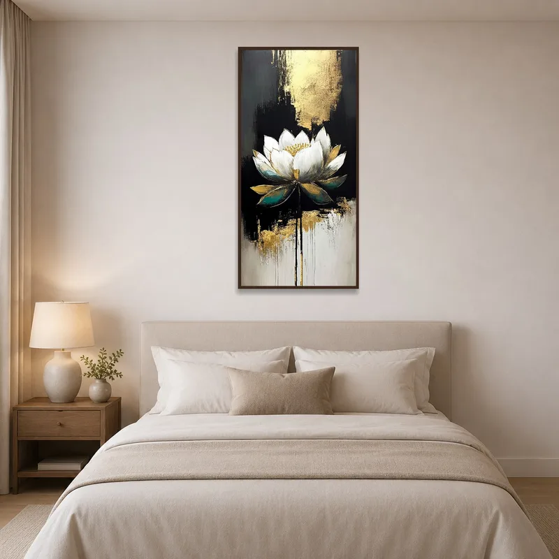 Serene lotus artwork creating calm vibes in the bedroom.
