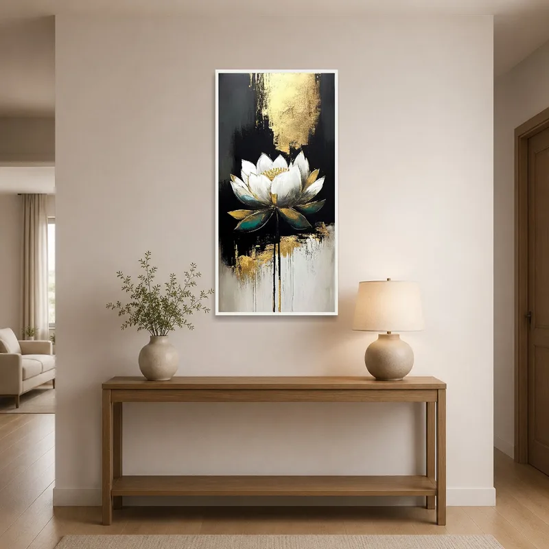 Metallic-accented lotus art welcoming guests in the entrance hall.