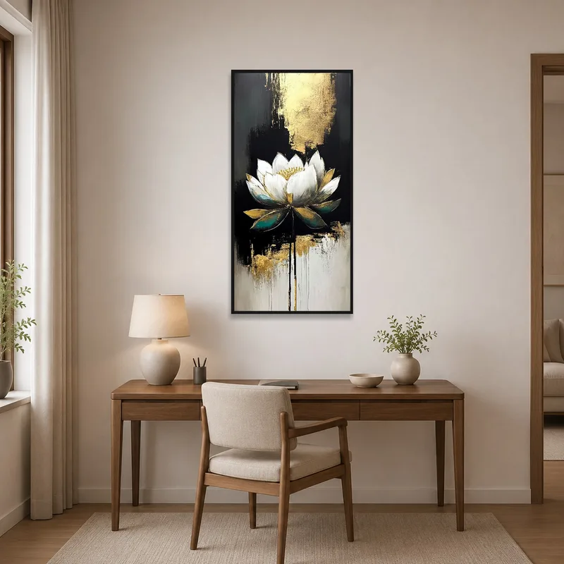 Sophisticated lotus art inspiring creativity in a home office.