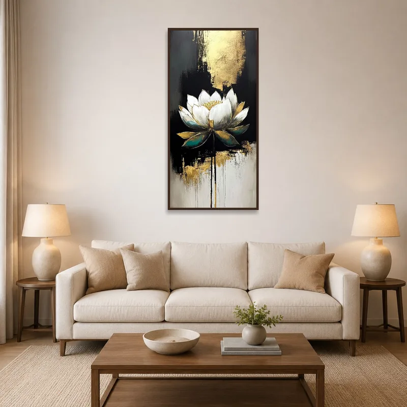 Elegant lotus artwork with metallic accents in a cozy living room.