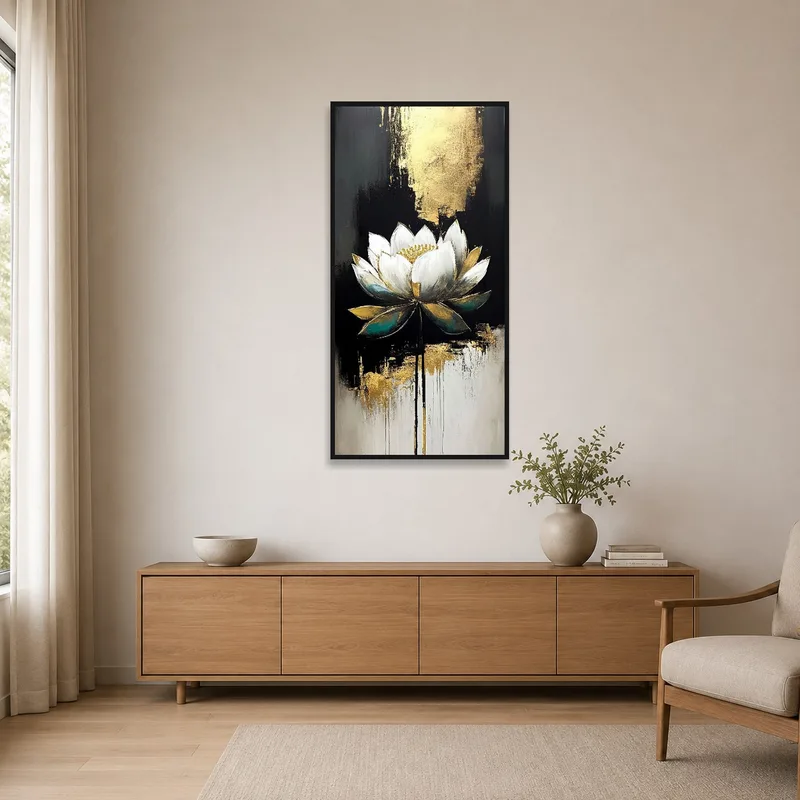 Lotus art piece adding sophistication to a minimalist space.